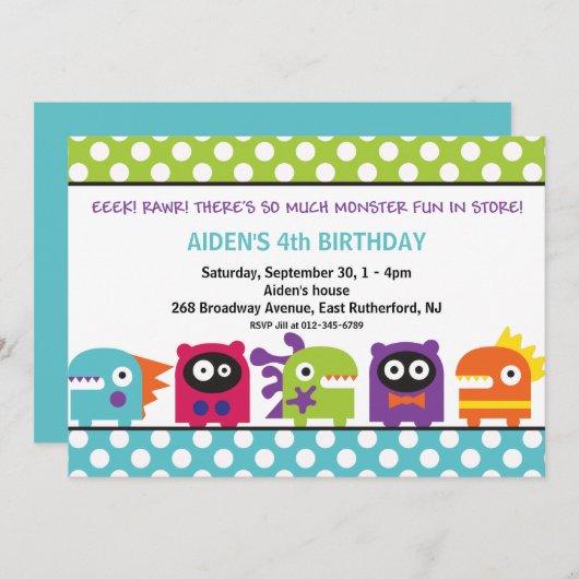 Eek! Rawr! Monsteruitnodiging Kaart (Voorkant / Achterkant)