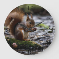 Eekhoorn bij de rivier die een eikel eet,