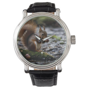 Eekhoorn bij de rivier die een eikel eet, horloge
