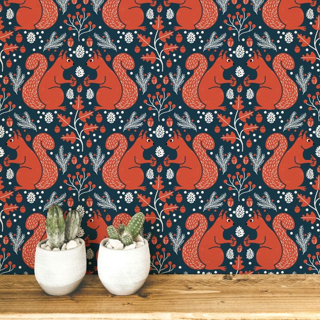 Eekhoorn Bos Bosgrond Patroon Behang (Modern Squirrel woodland forest folk art peel and stick wallpaper)