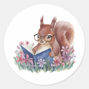 Eekhoorn die een boek leest, genesteld in bloemen ronde sticker