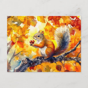 Eekhoorn die een noot eet in een kleurrijke herfst briefkaart