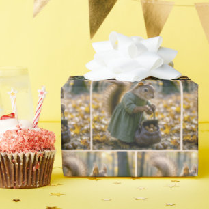 Eekhoorn die noten verzamelt in haar tas cadeaupapier