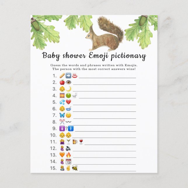 Eekhoorn - emoji pictionary spel voor babyshower (Voorkant)