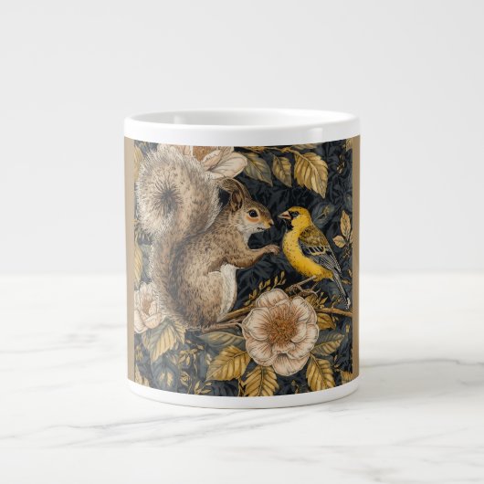 Eekhoorn en gele kanarie met bloemenpatroon grote koffiekop (Voorkant)