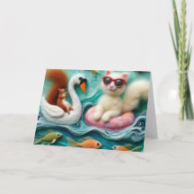 Eekhoorn en kat spelen op drijvende zwanen