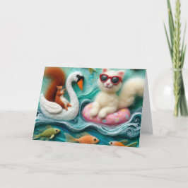 Eekhoorn en kat spelen op drijvende zwanen kaart