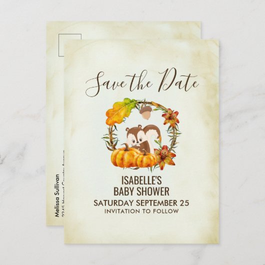 Eekhoorn en Pompoenen Herfst Roestig STD Aankondigingskaart (Voorkant / Achterkant)