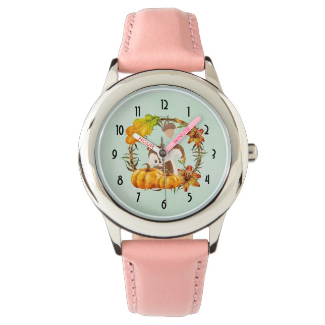 Eekhoorn en pompoenen Rustic Wreath Horloge (Voorkant)