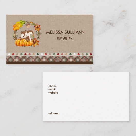 Eekhoorn en pompoenen Rustic Wreath Visitekaartje (Voorkant / Achterkant)