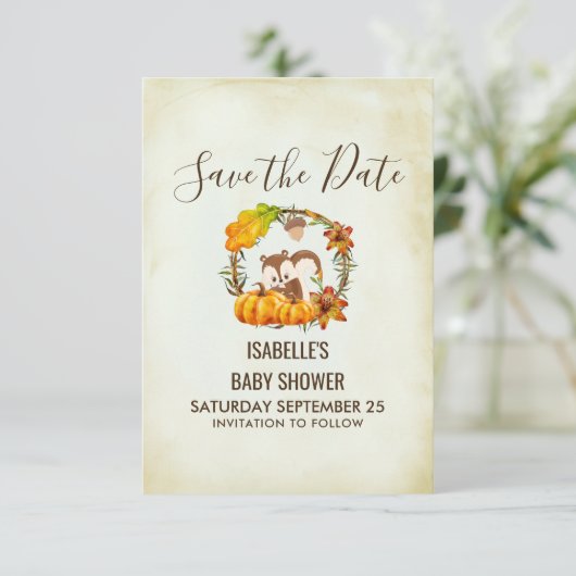 Eekhoorn en Pompoenen Rustieke Wreath STD Save The Date (Staand voorkant)