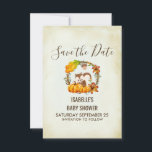 Eekhoorn en Pompoenen Rustieke Wreath STD Save The Date<br><div class="desc">Bewaar de datumkaart voor een verjaardag of baby shower. Met een schattige chipmunk die achter een aantal oranje waterverf pompoenen staat. Een loof krans omringt hen met een eikenblad en oranje bloemen en andere takjes en bladeren. Achtergrond is een  perkament digitaal afbeelding (het papier is geen echt perkament).</div>