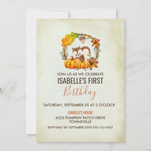 Eekhoorn en pompoenen Verjaardagsfeestje Uitnodige Kaart (Voorkant)