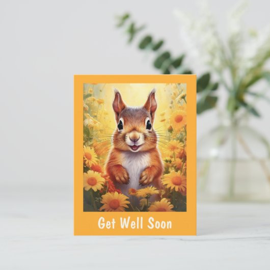 Eekhoorn in Gele Bloemen Schattig Beterschap   Briefkaart (Staand voorkant)