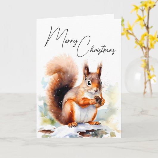 Eekhoorn Kerst Kaart Waterverf (Gele Bloem)