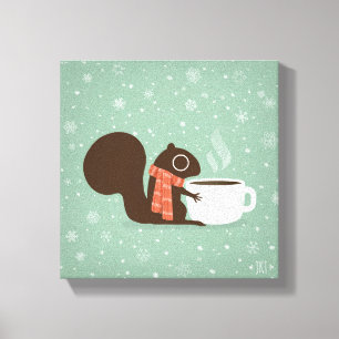 Eekhoorn Koffie Lover Woodland Winter Vakantie Canvas Afdruk