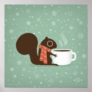 Eekhoorn Koffieliefhebber Bos Winter Vakantie Poster