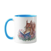 Eekhoorn lezen boek in een bed van bloemen