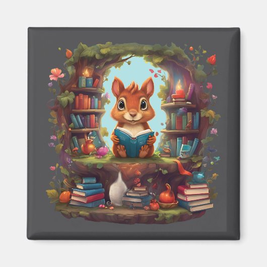 Eekhoorn lezen op een  boekenplank magneet (Voorkant)