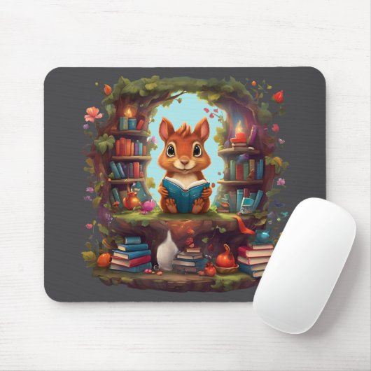 Eekhoorn lezen op een  boekenplank muismat (Met muis)