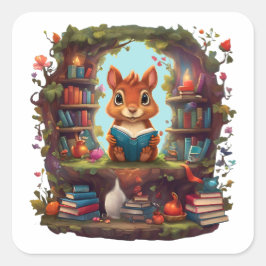 Eekhoorn lezend op een antieke boekenplank vierkante sticker