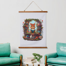 Eekhoorn lezend op een vintage boekenplank hangend wandkleed
