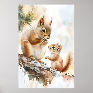 Eekhoorn mama en baby waterverfprint, bos poster