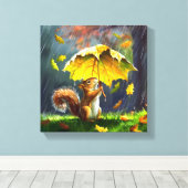 Eekhoorn met een bladparaplu canvas afdruk (Insitu (Houten vloer))