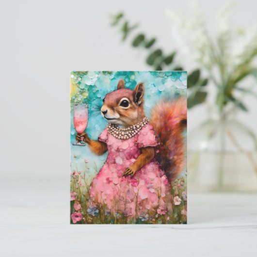 Eekhoorn met een roze jurk en een Drink Briefkaart (Staand voorkant)