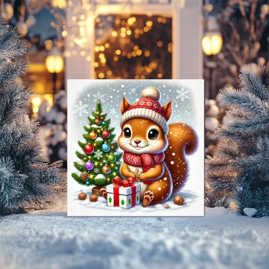 Eekhoorn met kerstboom en cadeau feestdagenkaart
