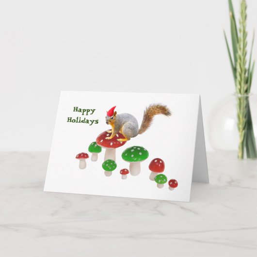 Eekhoorn met rode en groene paddenstoelen kerstkaa feestdagen kaart (Voorkant)
