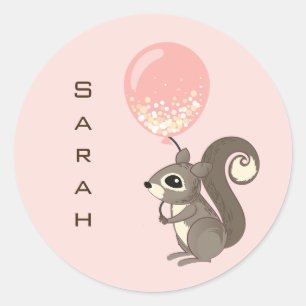 Eekhoorn met roze ballon en eigen naam ronde sticker
