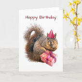 Eekhoorn met roze hoed en verjaardagskaart met cad kaart (Gele Bloem)