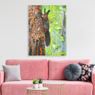 Eekhoorn op dennenboom – realistische olieverfschi canvas afdruk