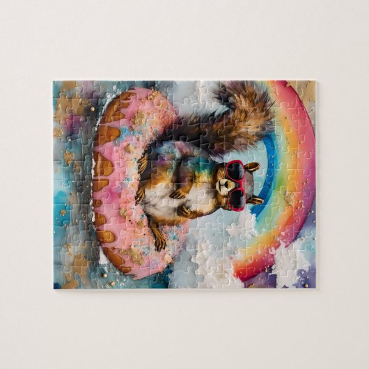 Eekhoorn op Drijvende Geglazuurde Donut Grappige V Legpuzzel (Horizontaal)