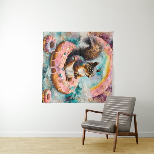 Eekhoorn op drijvende verglaasde donut grappig zoe wandkleed (In Situ (horizontaal))