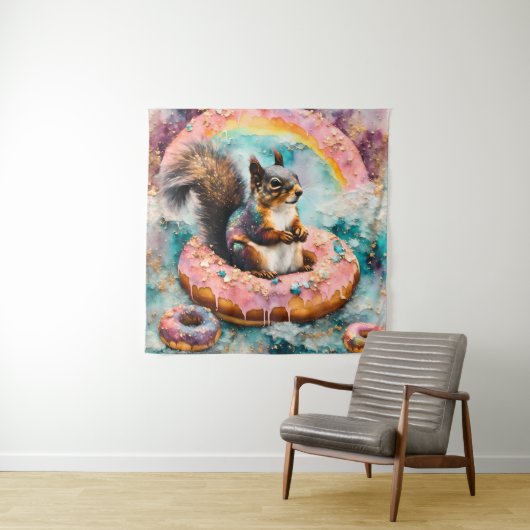 Eekhoorn op drijvende verglaasde donut grappig zoe wandkleed (In situ)