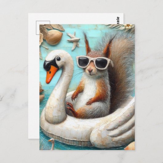 Eekhoorn op drijvende zwaan grappig Schattige Briefkaart (Voorkant / Achterkant)