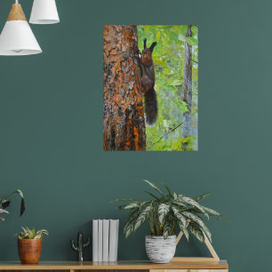 Eekhoorn op pijnboom – realistische olieverfschild poster