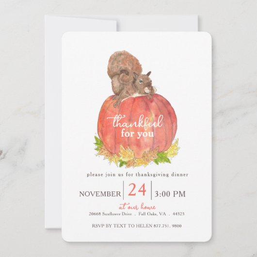 Eekhoorn op Pompoen Waterverf Thanksgiving Kaart (Voorkant)