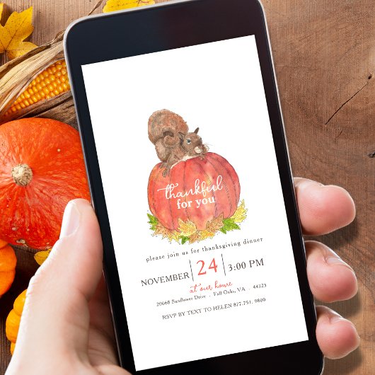 Eekhoorn op Pompoen Waterverf Thanksgiving Kaart