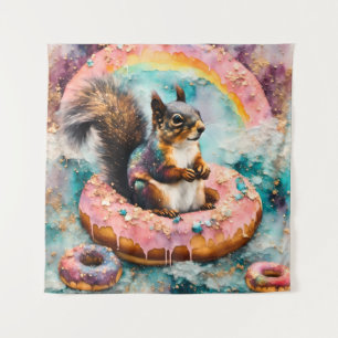 Eekhoorn op zwevende glazuurdonut Grappig Zoet Wandkleed