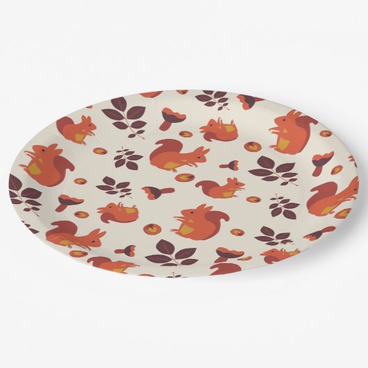 Eekhoorn, paddenstoel, blad, walnoot. papieren bordje (Gekanteld)