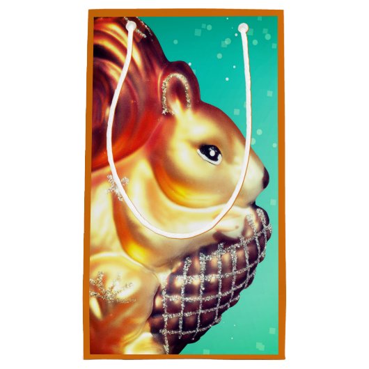 Eekhoorn pinecone  herfst winter blauwgroen goud klein cadeauzakje (Voorkant)