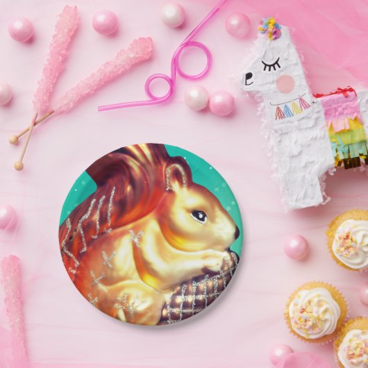 Eekhoorn pinecone  herfst winter blauwgroen goud papieren bordje (Feest)