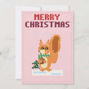 Eekhoorn Roze Pixel Art Kerstkaart
