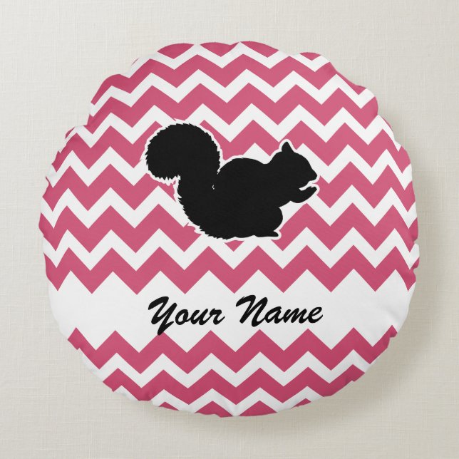 Eekhoorn Silhouet met roze Chevron Patroon Rond Kussen (Voorkant)