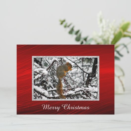 Eekhoorn Sneeuwboom Foto Kerst Flat Feestdagenkaart (Staand voorkant)