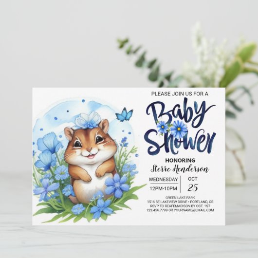 Eekhoorn Sweetness Floral Blue Boy Baby shower Kaart (Staand voorkant)