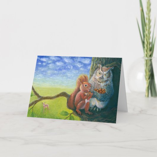 Eekhoorn & Uil met Hazelnoten Illustratie Kaart (Voorkant)